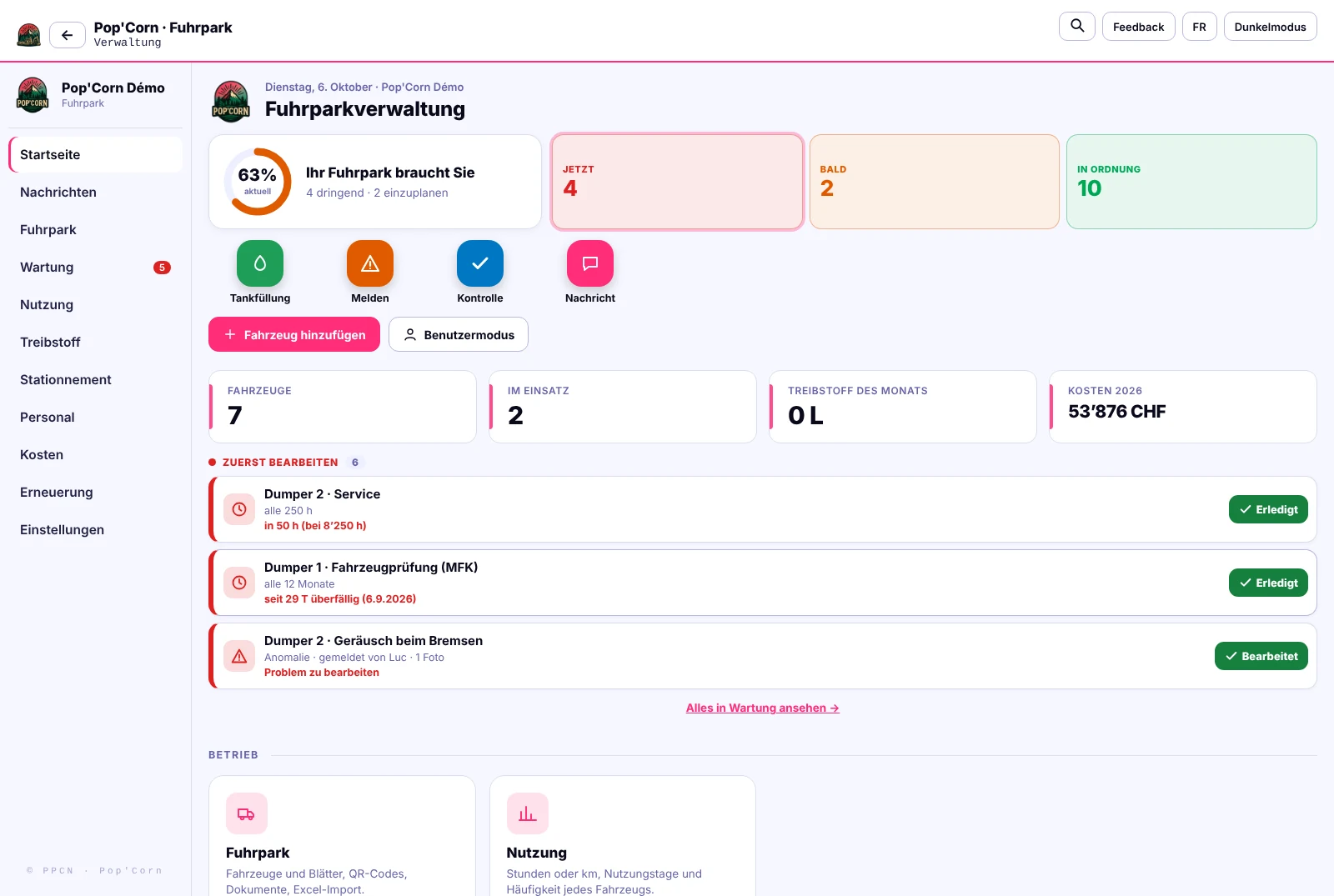 Dashboard der App