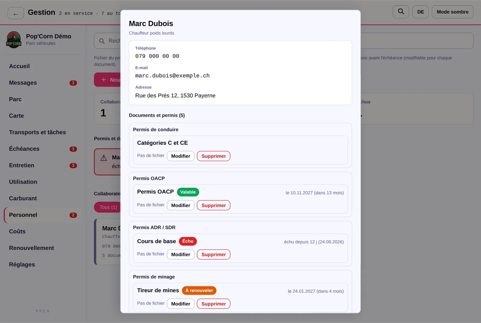 Fiche d'un collaborateur avec ses permis